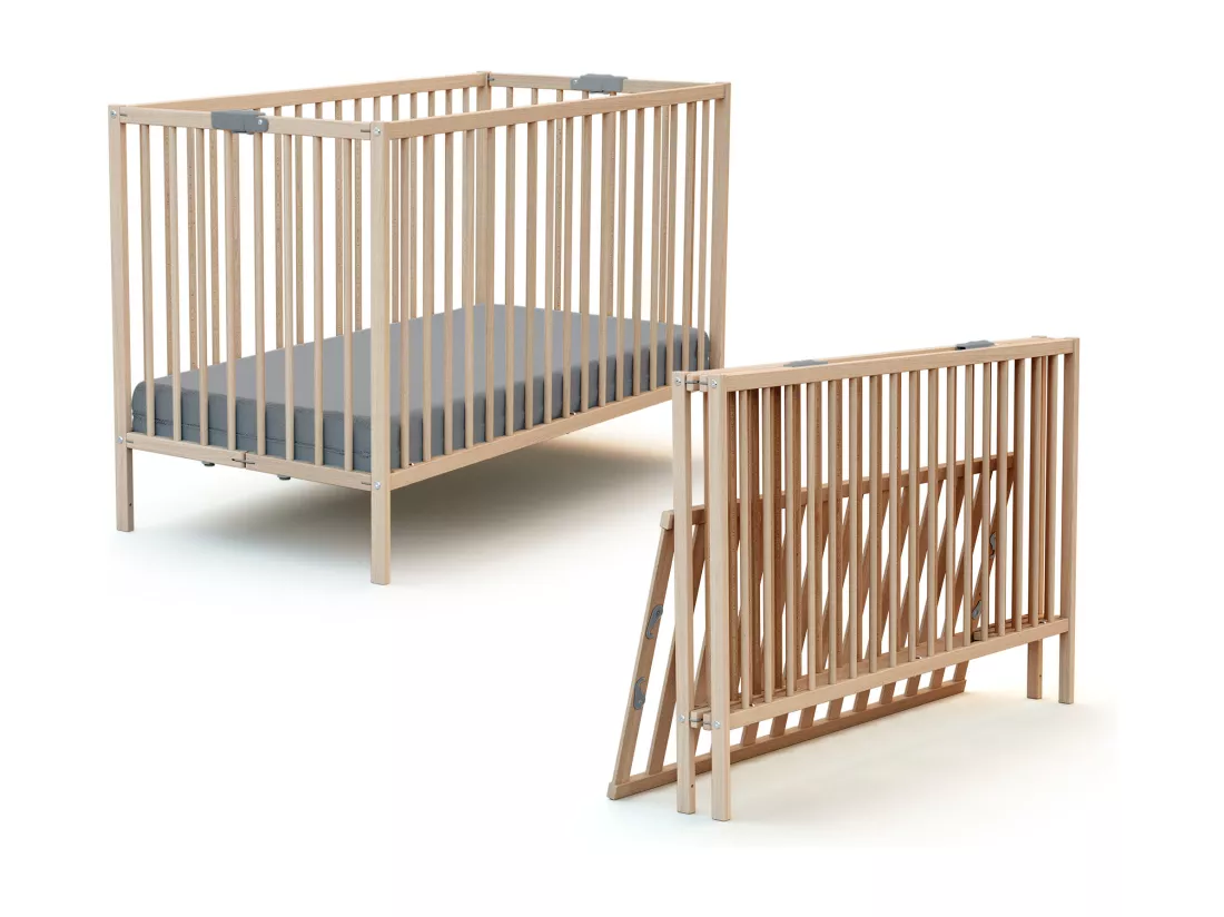 Lit bébé pliant 60 x 120 en bois Hêtre Brut avec matelas