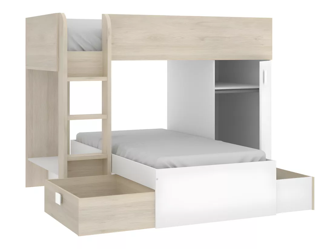 Lits superposés d'angle réversibles RICARDO - 2 x 90 x 190 cm - Rangements intégrés - Chêne et blanc + matelas