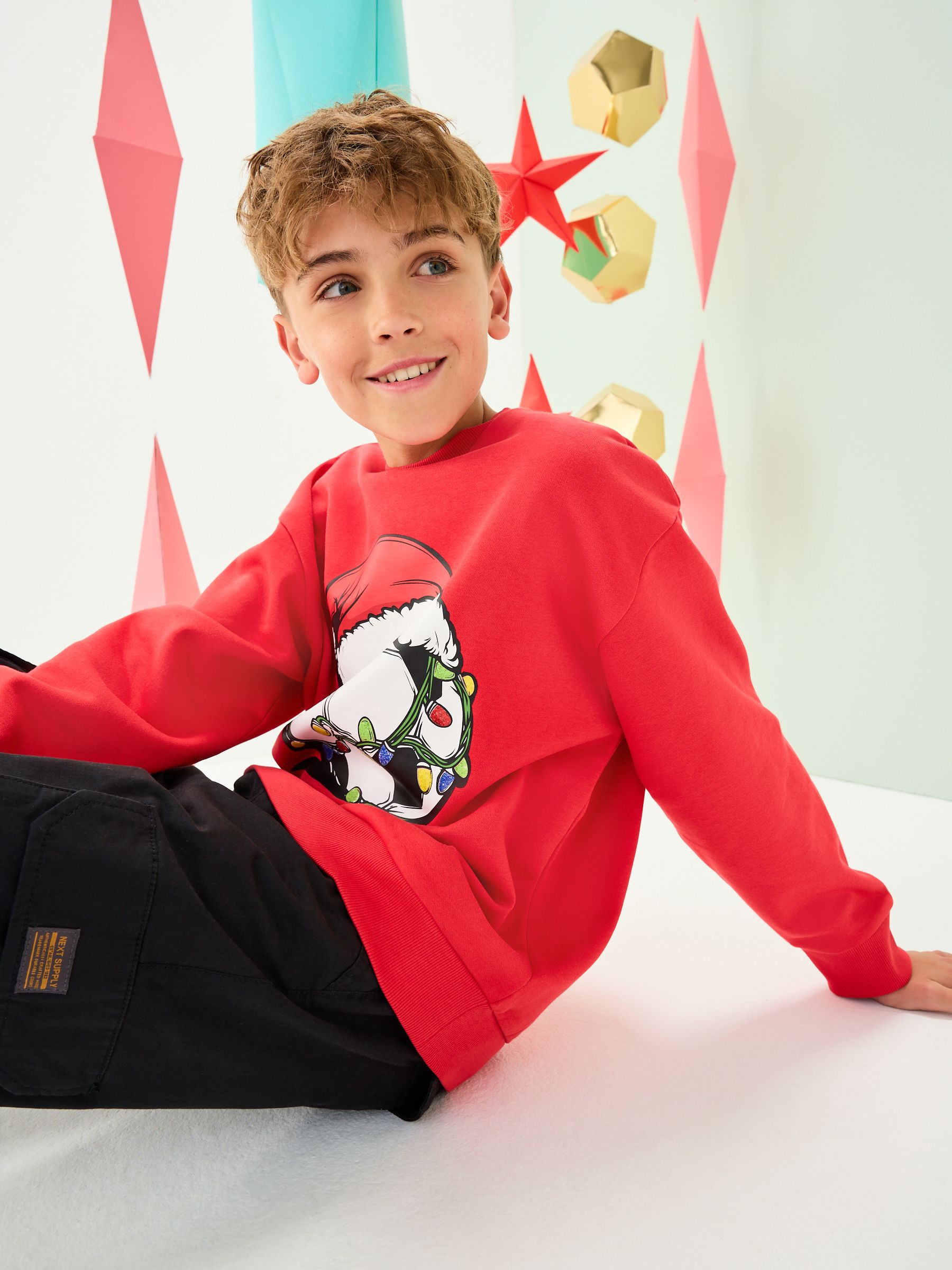 Rood / Wit - Sweatshirt met pailletten en kerstmanprint met ronde hals (3-16jr)