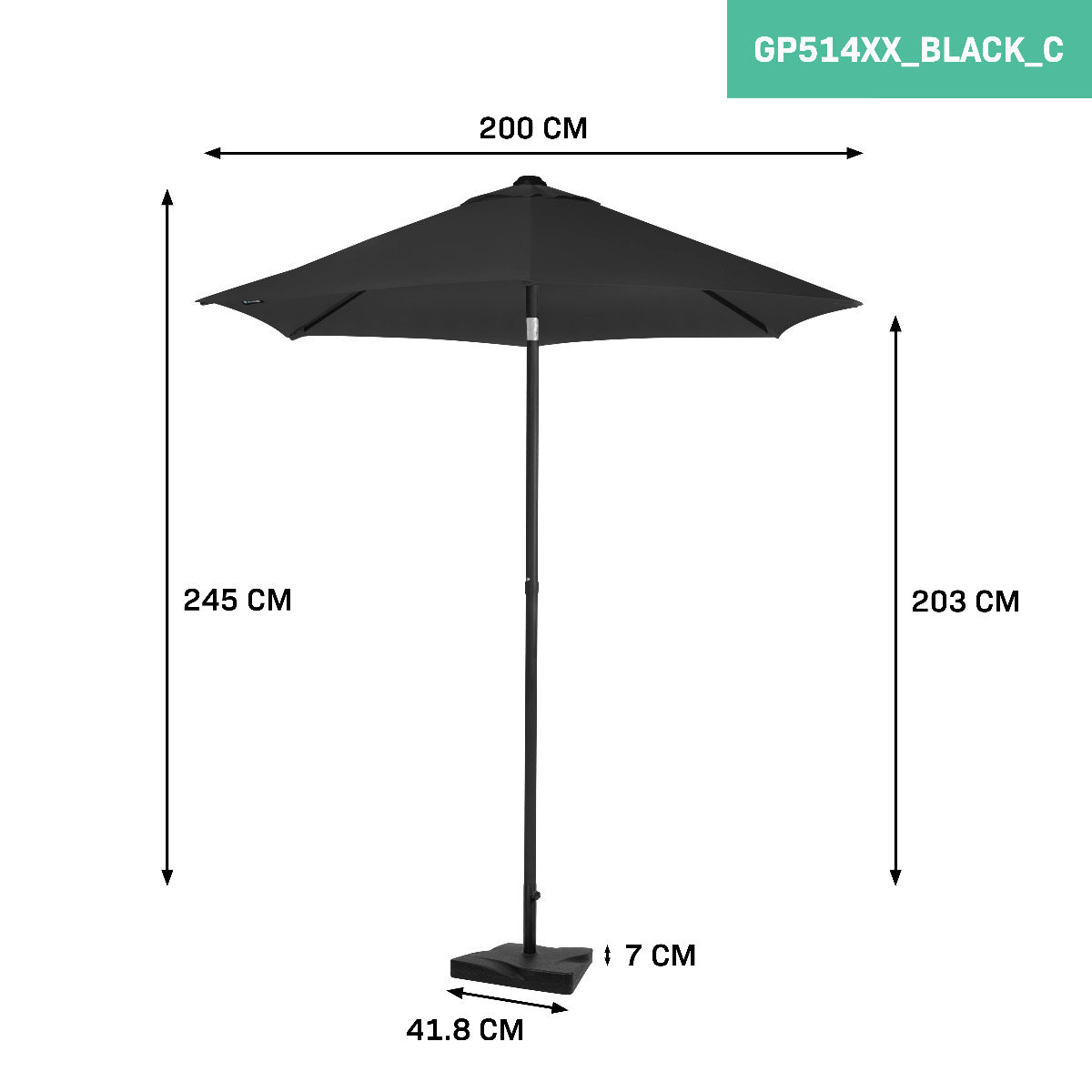 VONROC Torbole 200 cm Premium parasol inclusief voet - Black