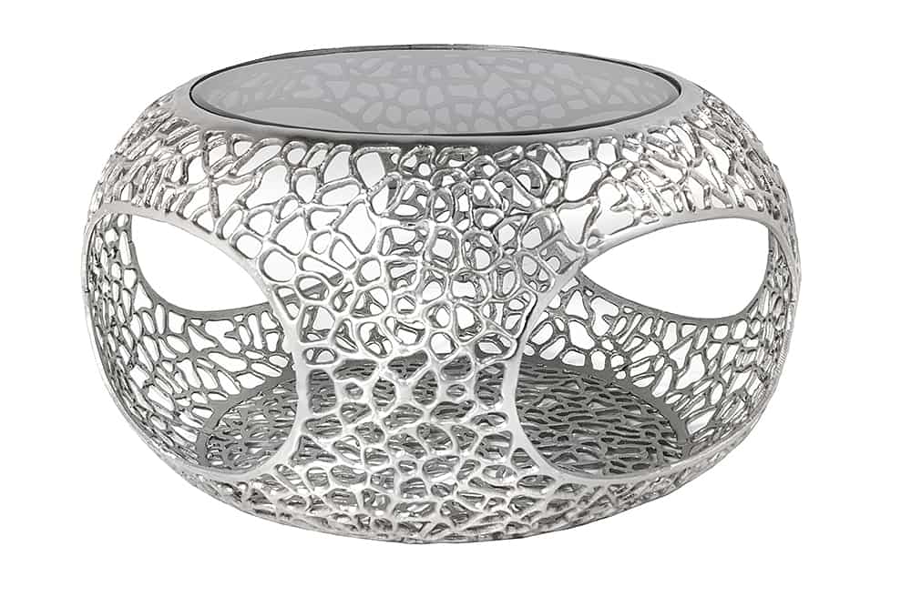 Runder Couchtisch SPIN 75cm silber Schwarzglas Metall mit Stauraum handmade
