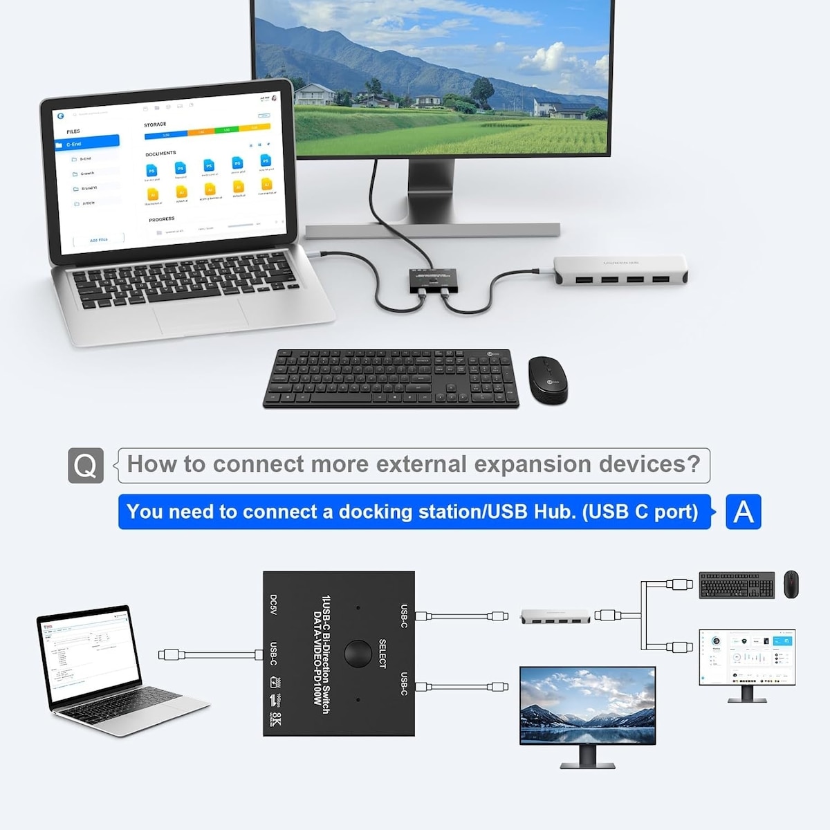 NÖRDIC USB-C 2 til 1 bryter & 1 til 2 splitter, 8K/60Hz 4K/144Hz 100WPD 10Gbps Data+Video+PD