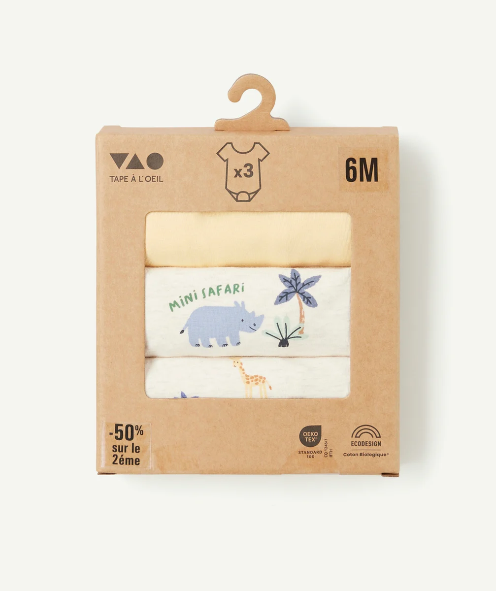 lot de 3 bodies manches courtes bébé en coton bio thème rhinocéros