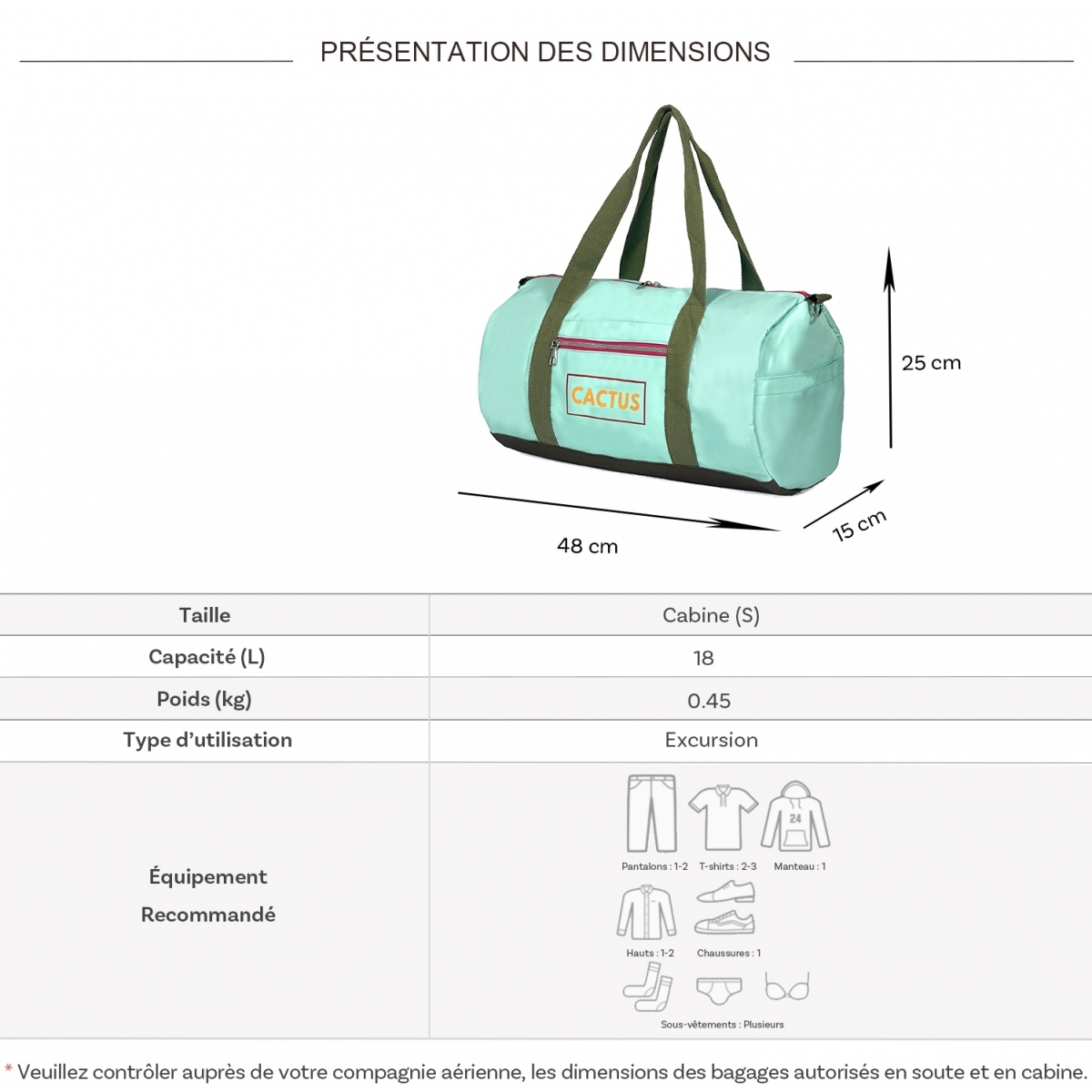 Cactus Sac de voyage week-end 18L et sport Cactus sans roulettes