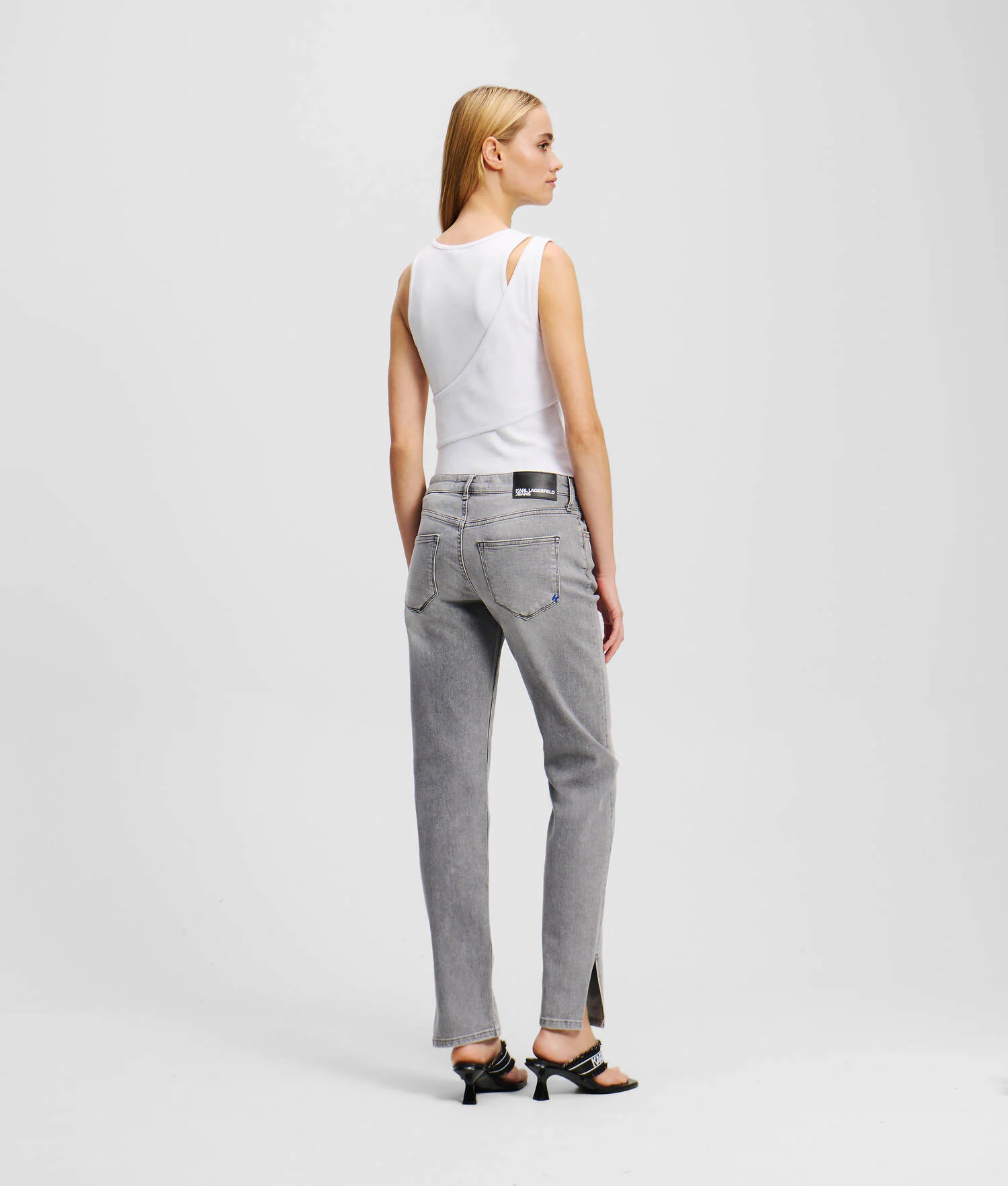 JEAN SLIM À TAILLE MI-HAUTE ET BAS FENDU - Gris Clair
