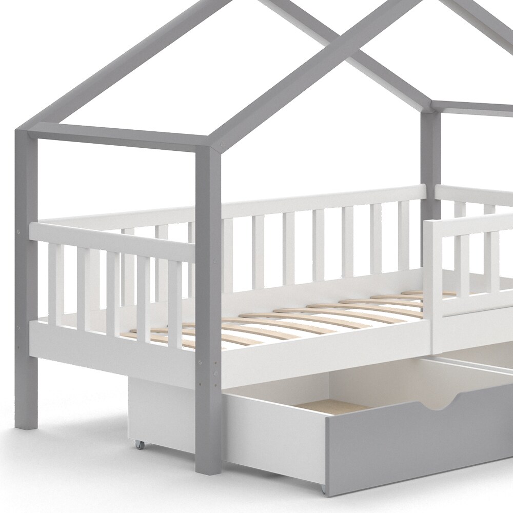 VitaliSpa Kinderbett Hausbett Einzelbett Design Weiß Grau modern 80x160 cm Kinderzimmer Bett Massivholz Lattenrost Schublade Rausfallschutz Schubladenbett
