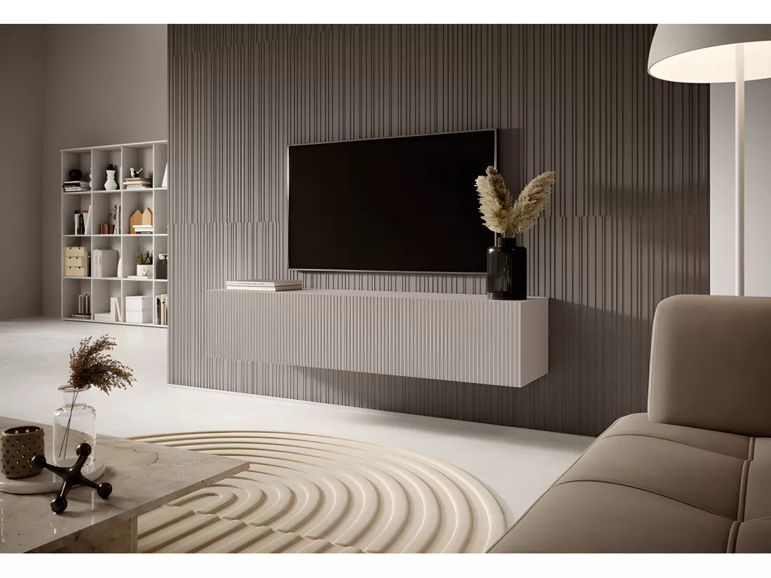 Meuble TV -140 cm - couleur gris-beige avec façade fraisée - VELDIO