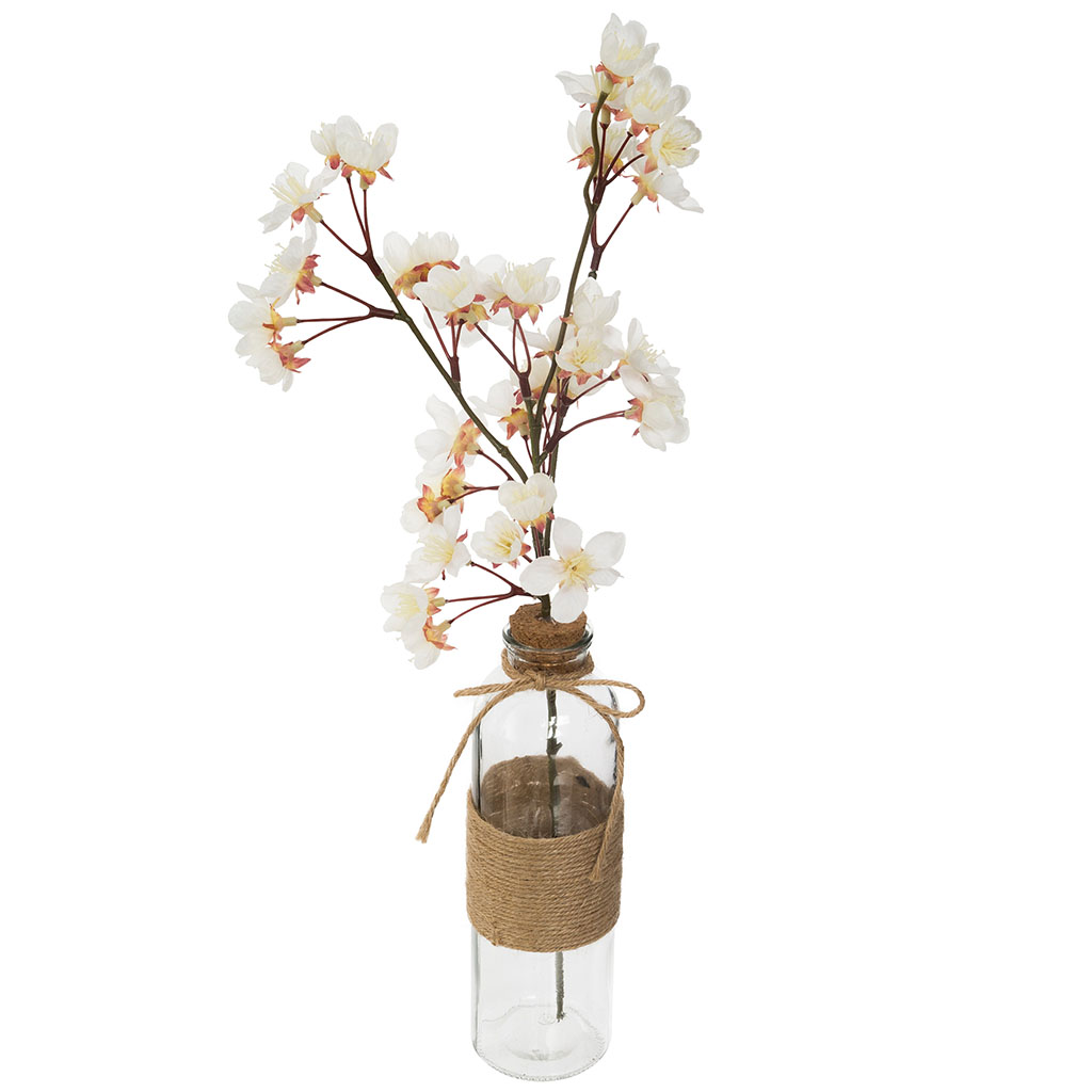 Vase transparent verre et branche de cerisier artificielle H 46cm