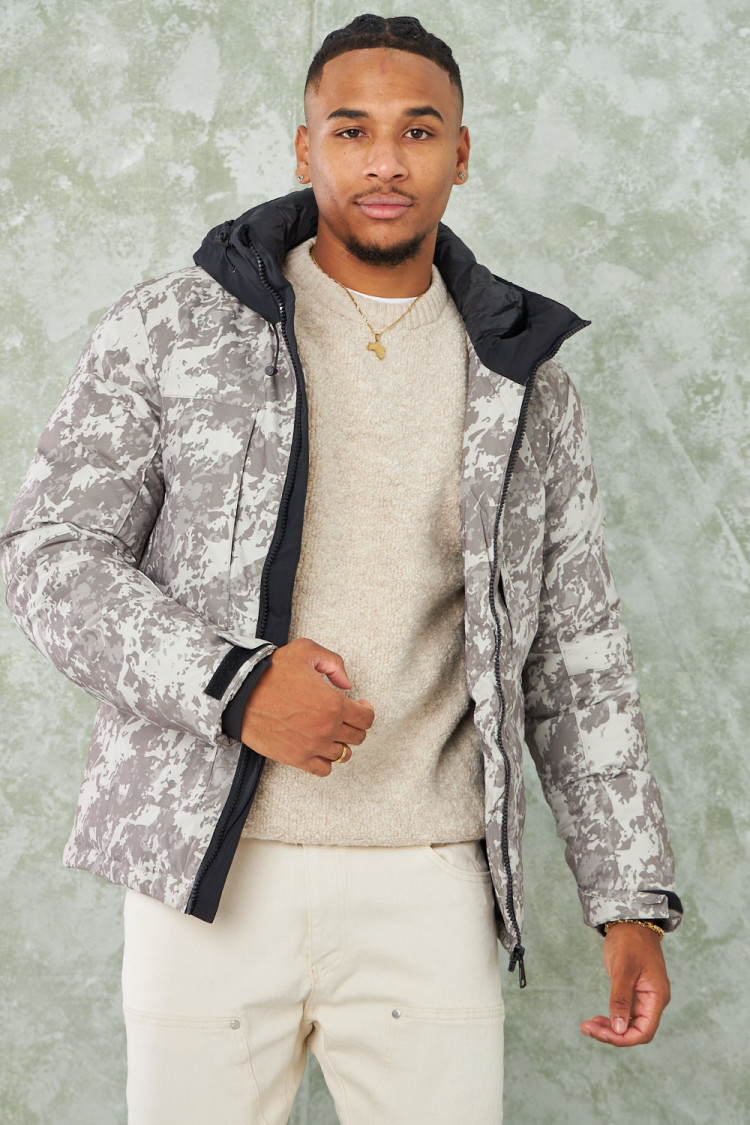 Parka beige camouflage à capuche