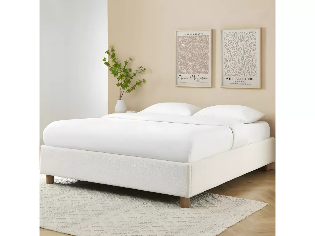 Millo - Lit coffre en tissu bouclette 160x200cm - Ecru