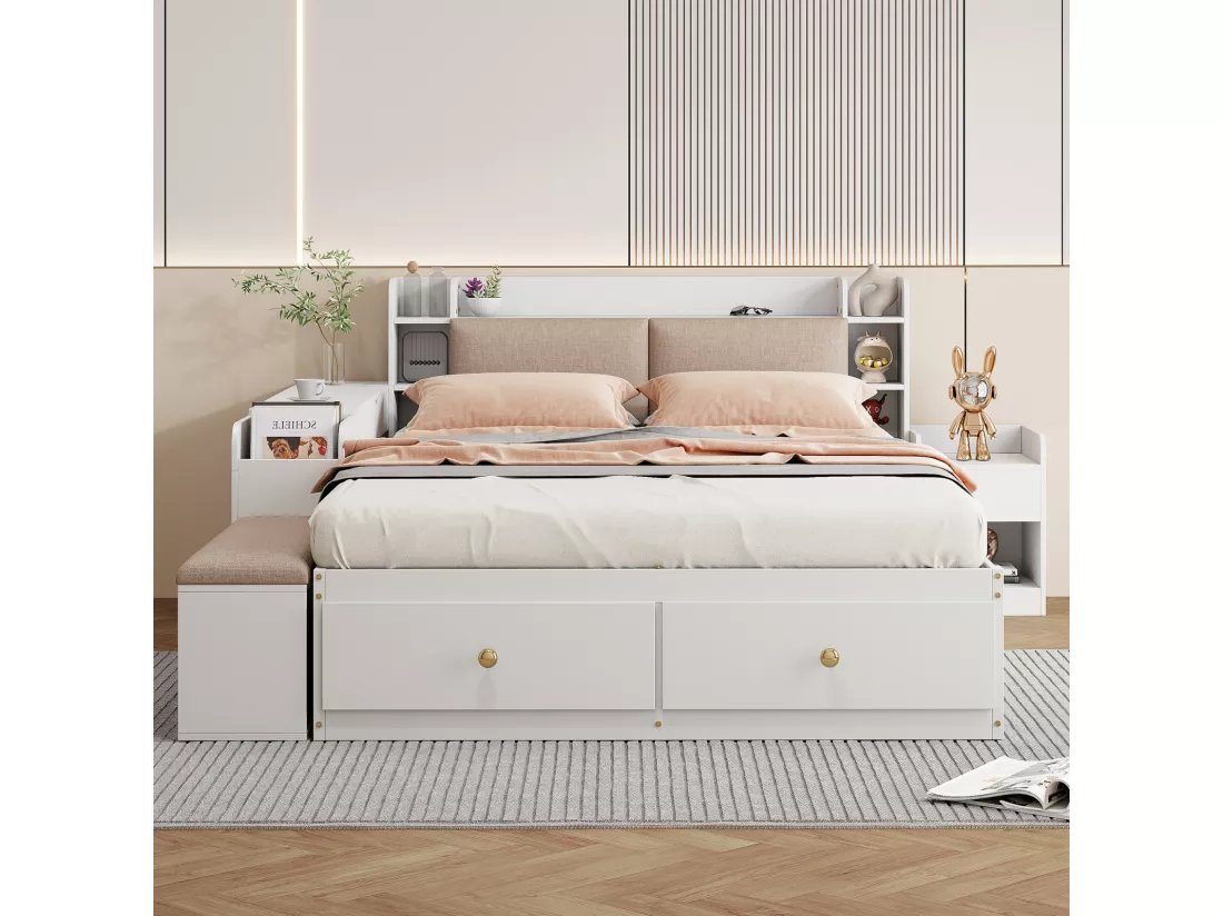 Lit Combiné en Bois Massif - 140x200cm - Tête de lit avec rangement - avec Tiroirs, Table de nuit, Banquette de canapé