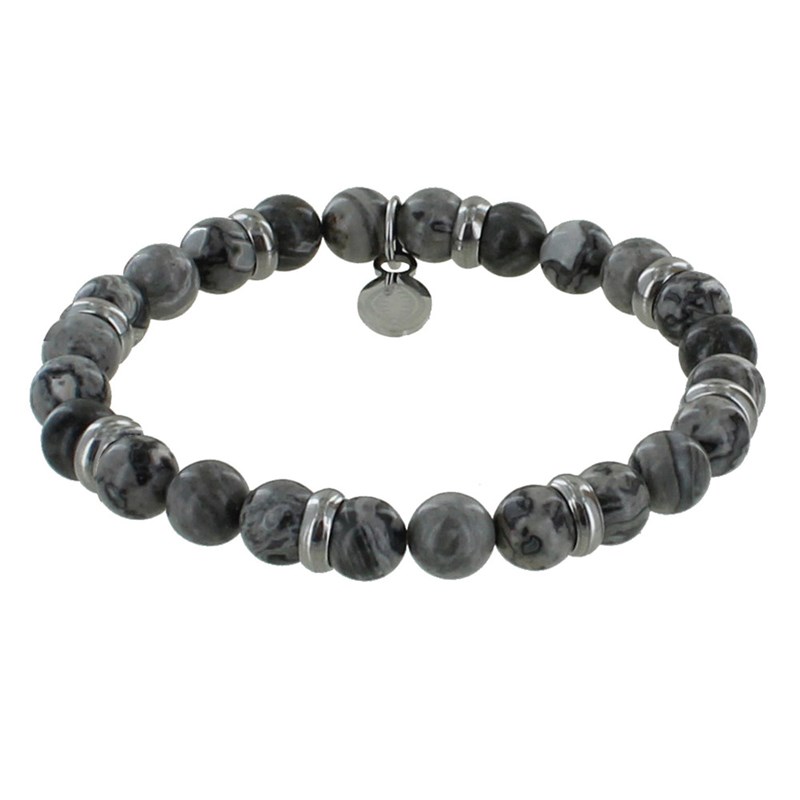 Bracelet Elastique Anneau Acier et Perles Jaspe Gris