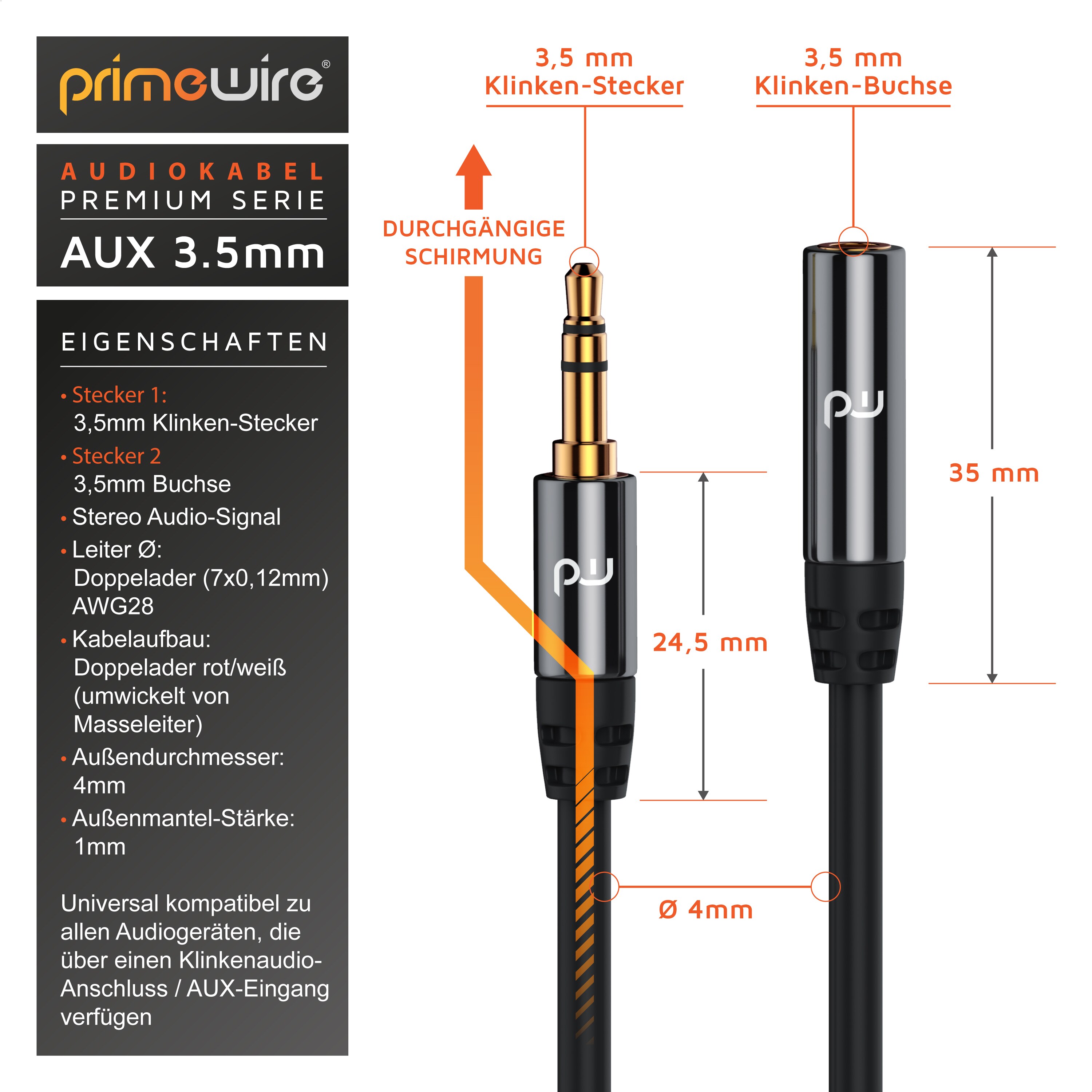 Primewire 3,5-mm-Klinke Audio-Kabel, AUX,HiFi Audio Klinkenkabel / Verlängerungskabel - 1,5m
