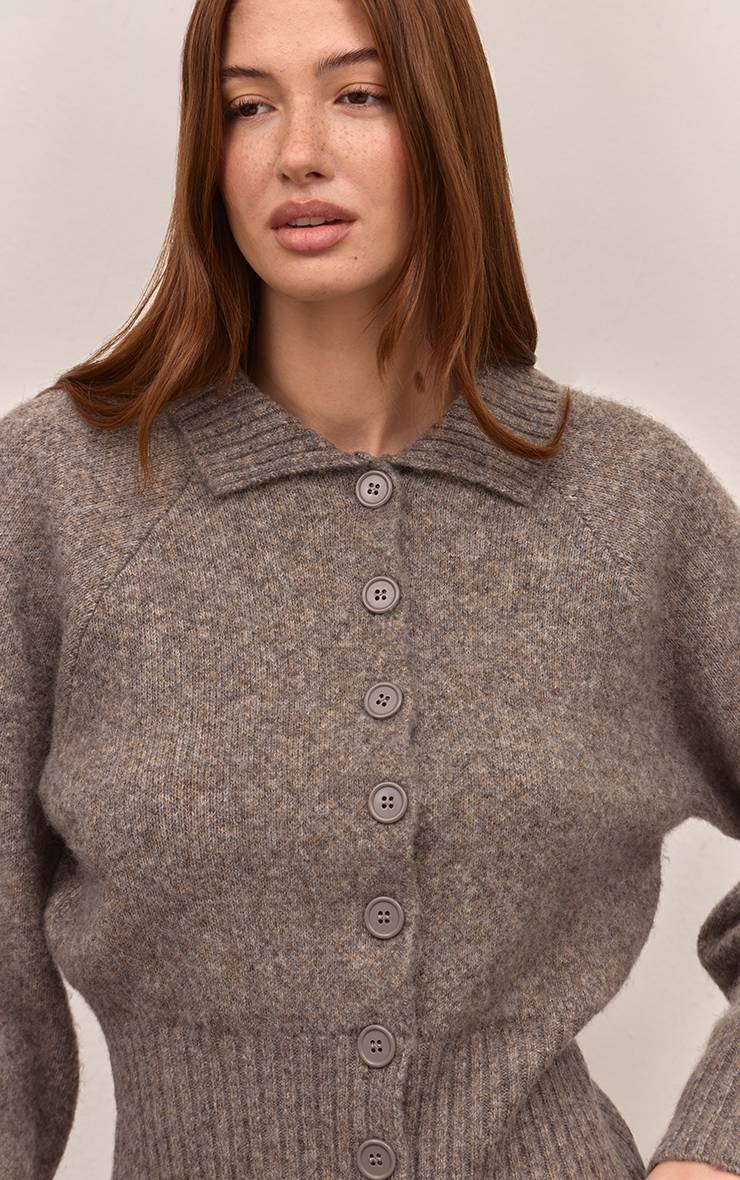 Taupe Cardigan Tricoté À Col Avec Détail À La Taille