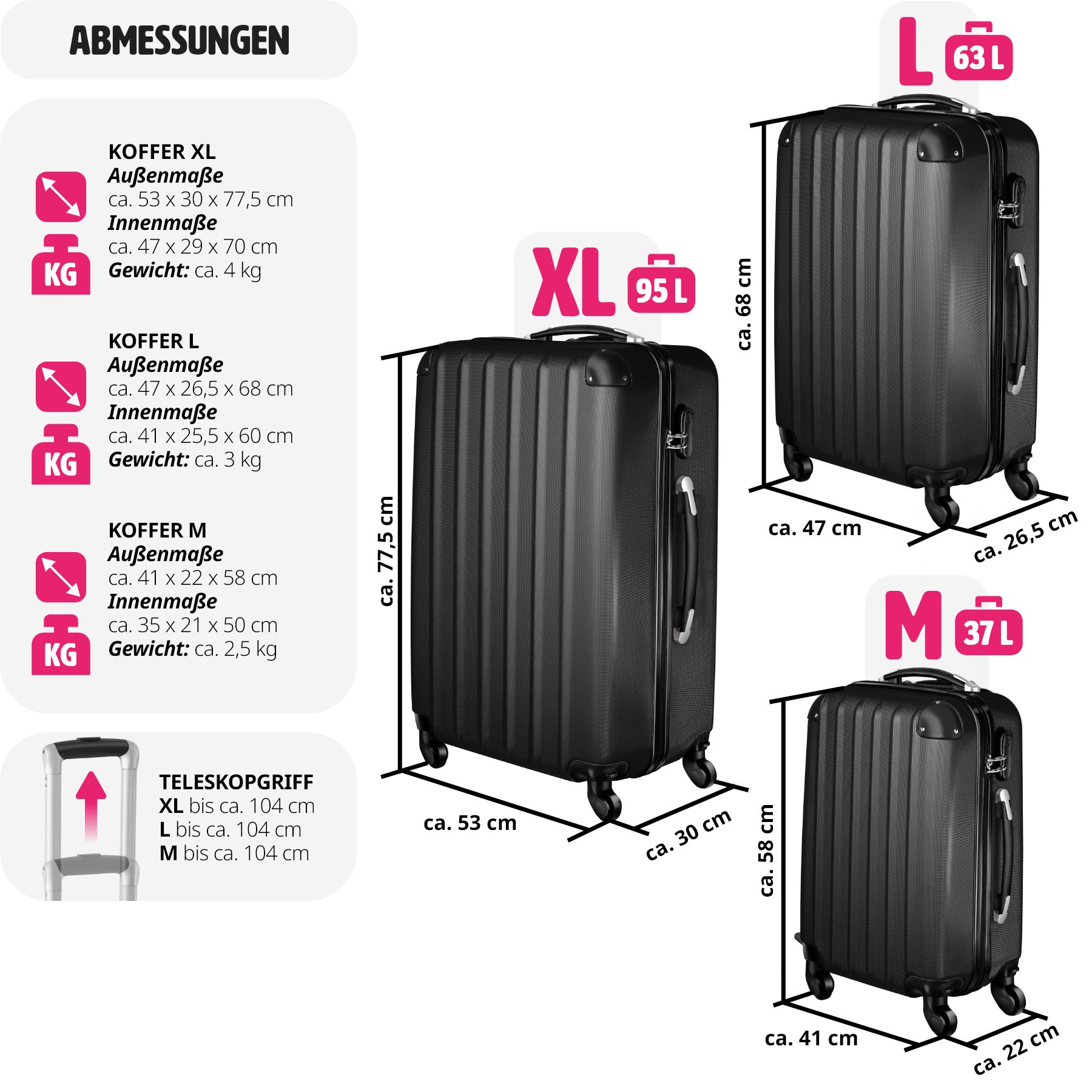 tectake® Hartschalenkoffer-Set, 3-teilig, aus robustem ABS-Kunststoff, 360° drehbare, abnehmbare Rollen, mit Sicherheits-Zahlenschloss