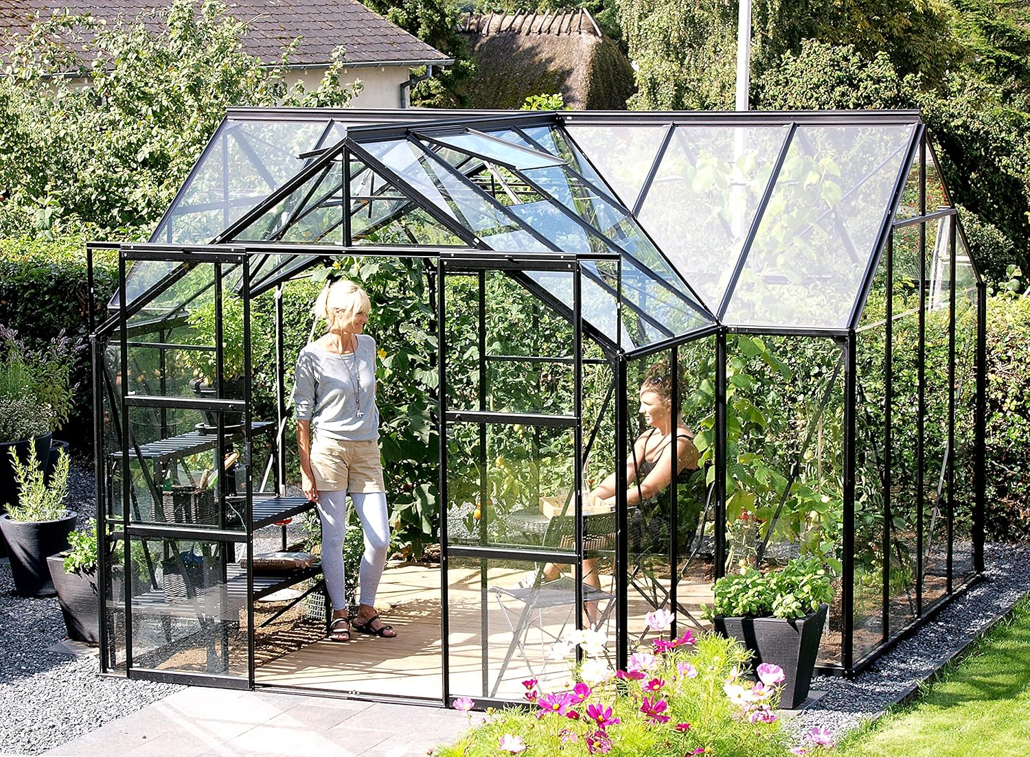 Gartenwelt Riegelsberger Gewächshaus Sirius Orangerie - ESG 3 mm schwarz, Fläche: ca. 13 m², mit 4 Dachfenster, inkl. Stahlfundament 6 cm hoch, Sockel: 3,81 x 3,81 m