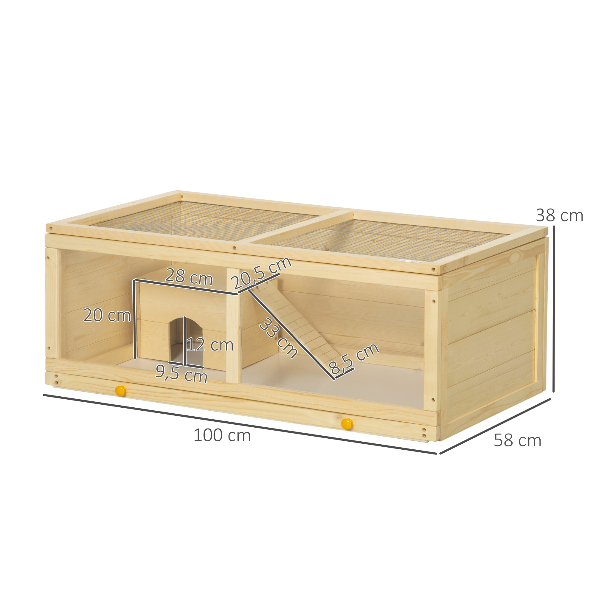 Gaiola de madeira PawHut para hamster, 100x58x38 cm, com tampa articulada, painel de acrílico, bandeja removível e casinha para coelhos e chinchilas, na cor natural.