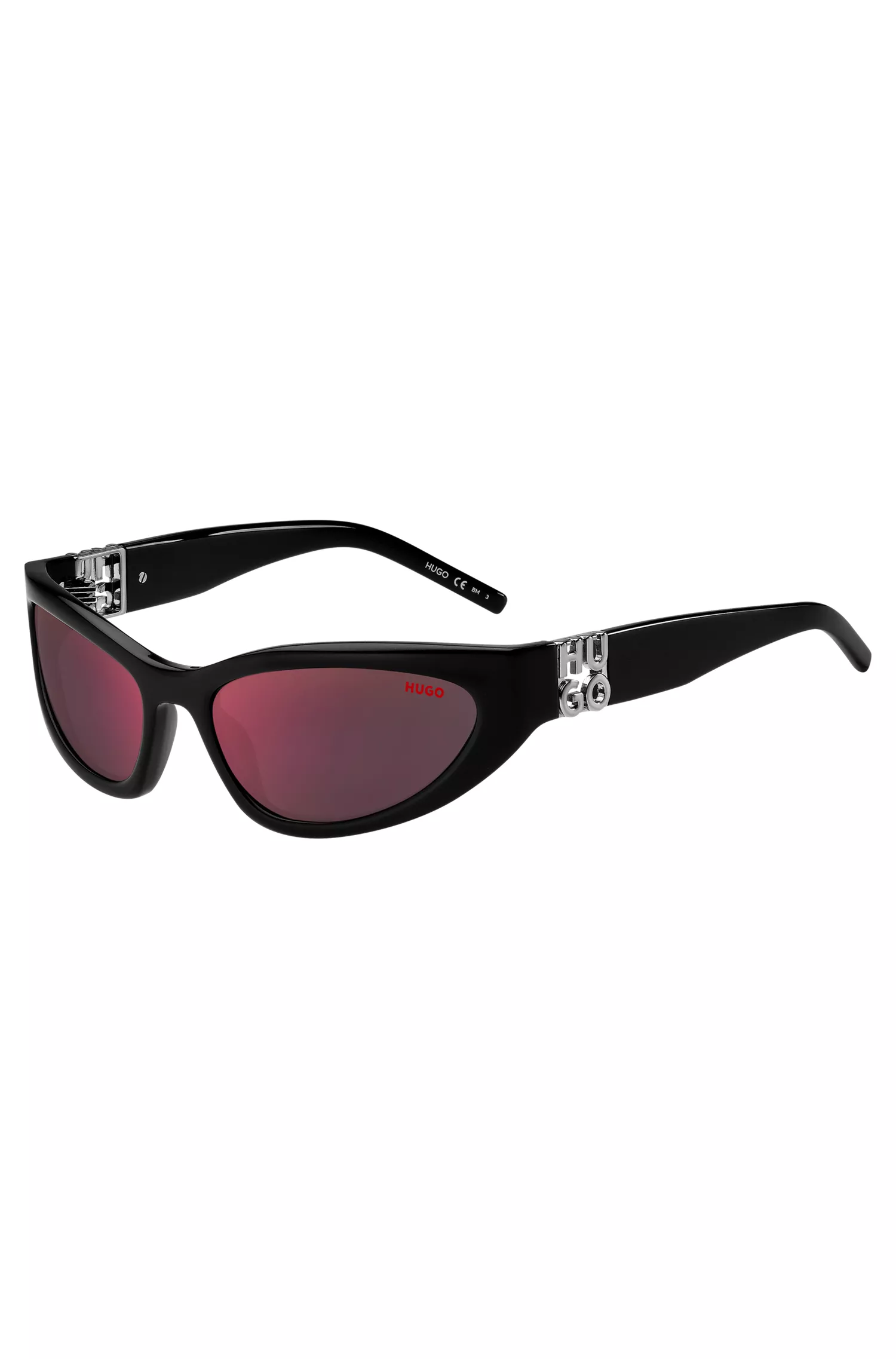 Óculos de sol HUGO em acetato vermelho e preto com monograma 3D.