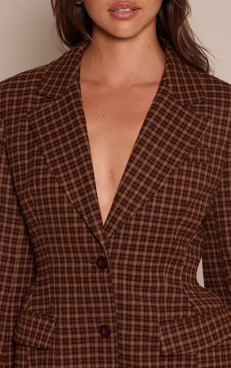 Brown Check Blazer À Carreaux Taille Cintrée Et Hanches Moulantes