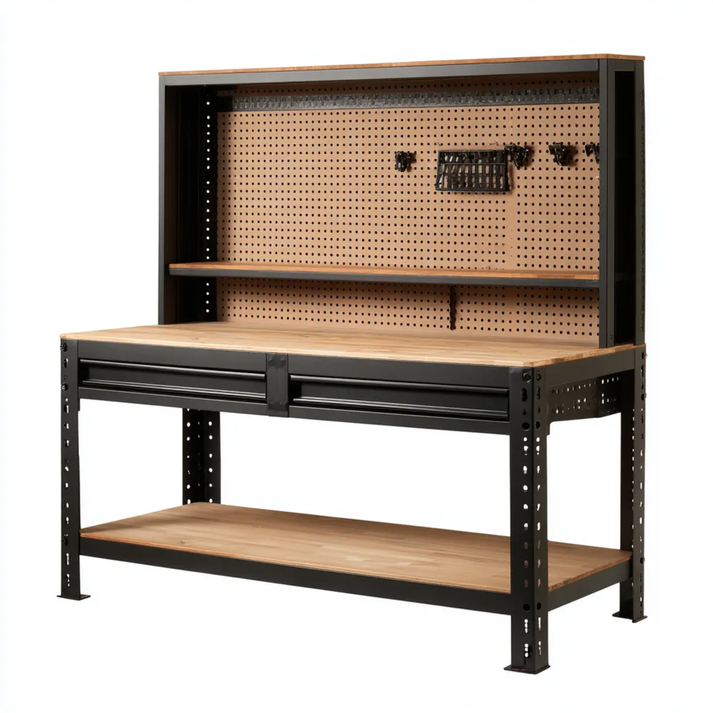 Werkbank Metall-Holz 120x60x150 cm – Schwarz/Natur – Mit Lochwand
