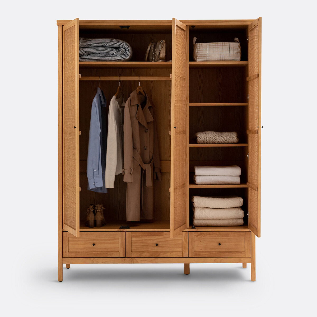 LA REDOUTE INTERIEURS<br>Armário com 3 portas em pinho maciço e rattan, Gabin