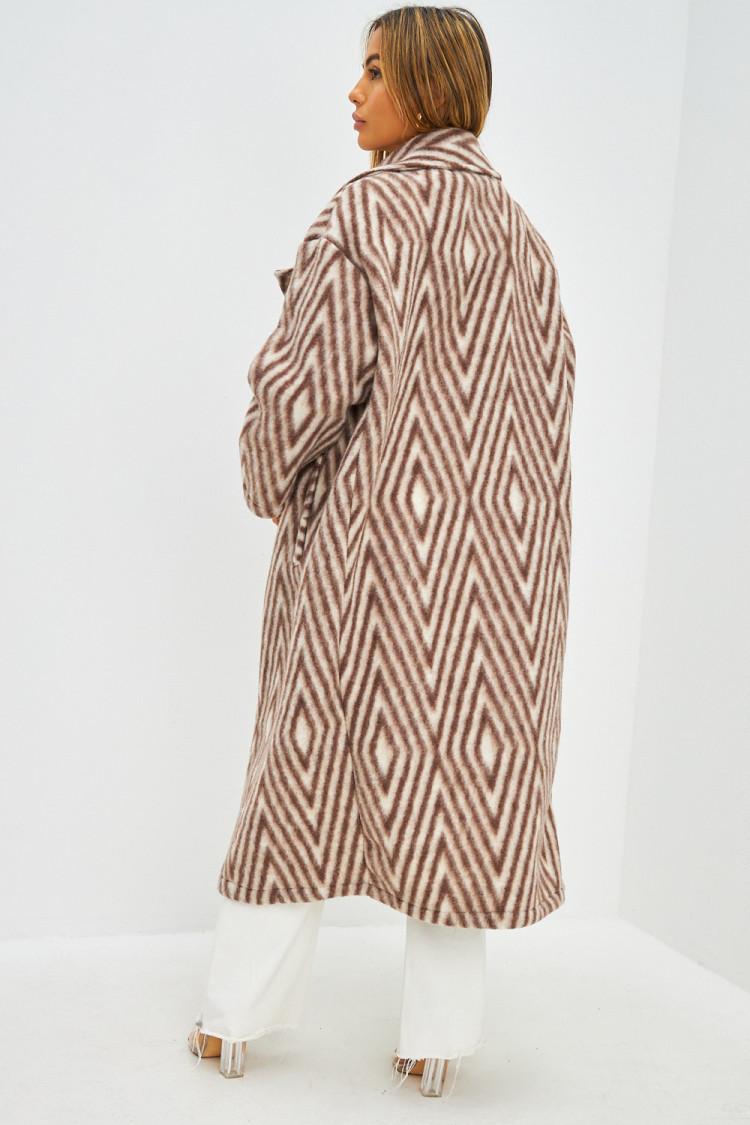 Manteau en laine marron et blanc motif losanges