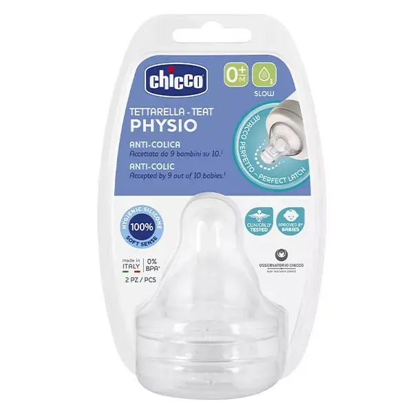 Acessórios para mamadeira Chicco: Bico fisiológico anticólica de fluxo lento +0m (pacote com 2)