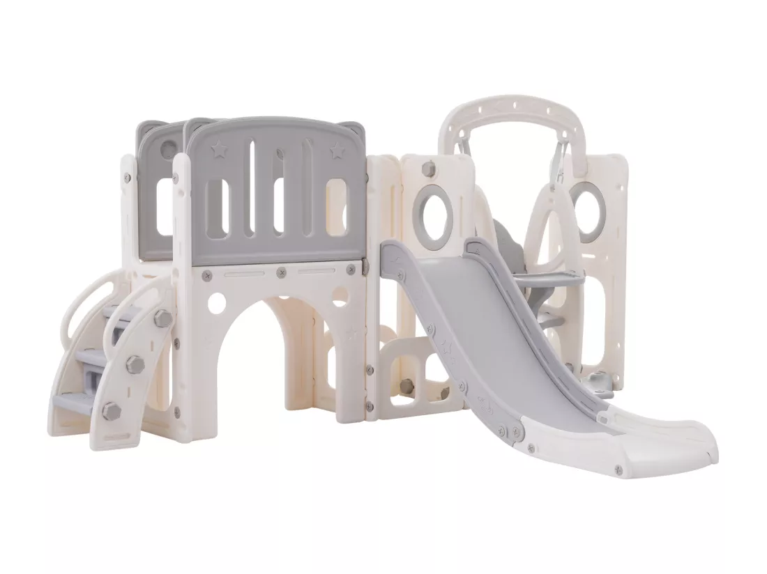 Toboggan 7 en 1 pour enfant, avec balançoire, plate-forme, zone de rangement, arcade, panier de basket, escalier, PEHD, gris+blanc