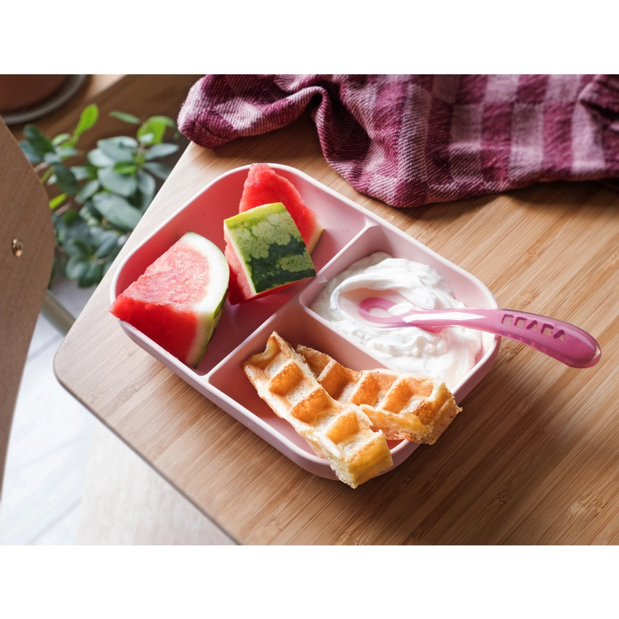 BEABA® Geteilter Silikonteller + Löffel 2. Altersstufe rosa