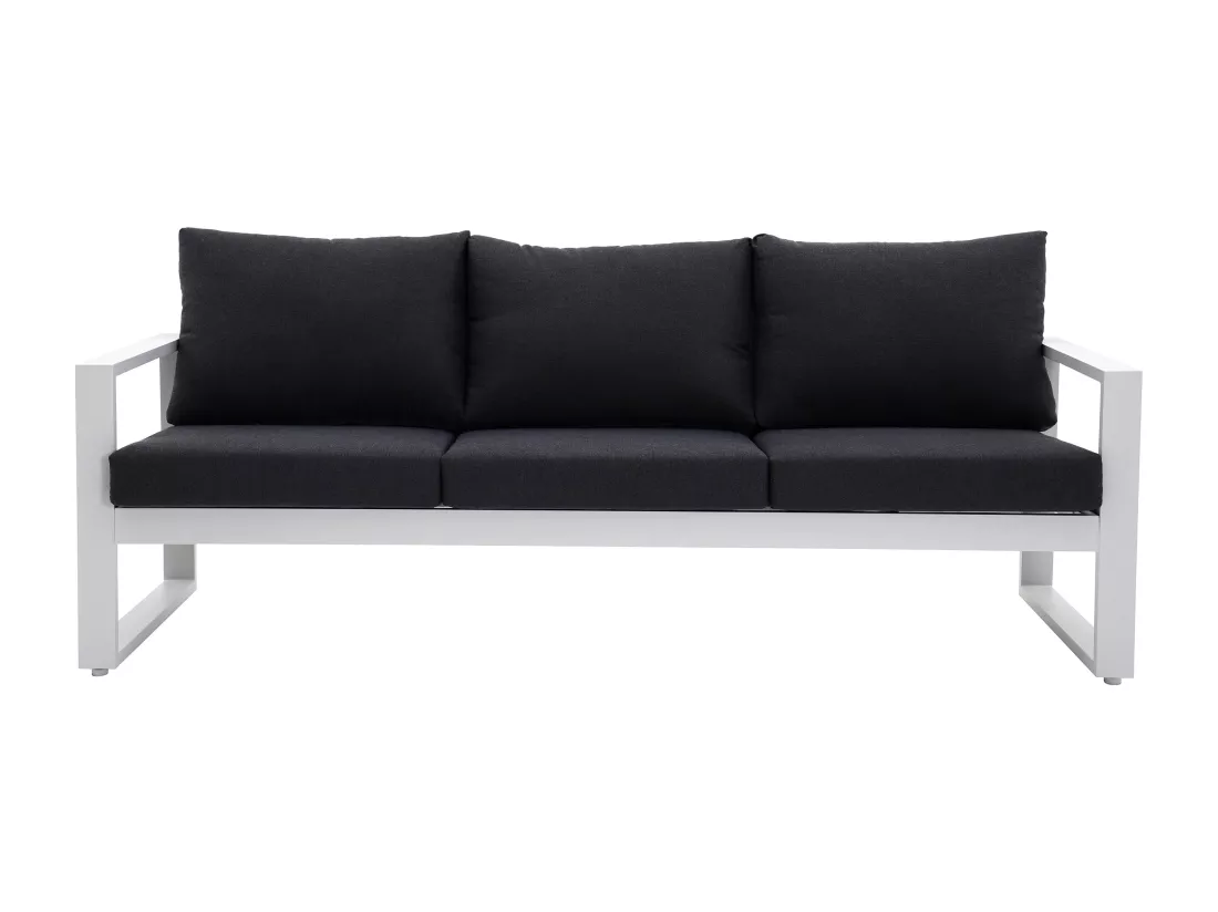 Salon de jardin en aluminium : un canapé 3 places, 2 fauteuils et une table basse - Blanc coussins noirs - JALLY de MYLIA