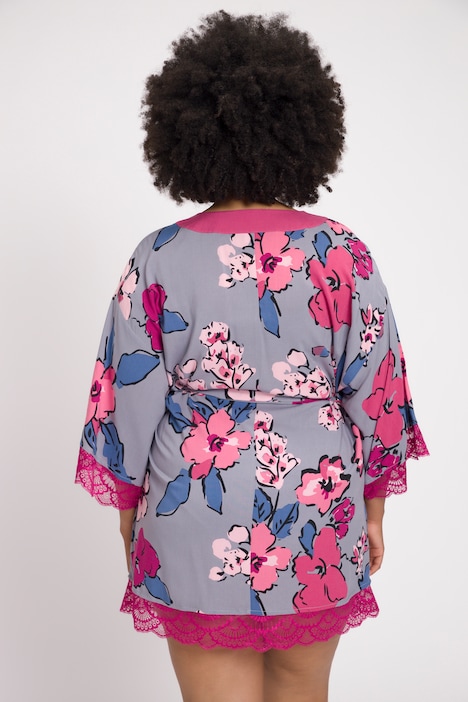 Morgenmantel, Blüten, V-Ausschnitt, 3/4-Arm, Kimono