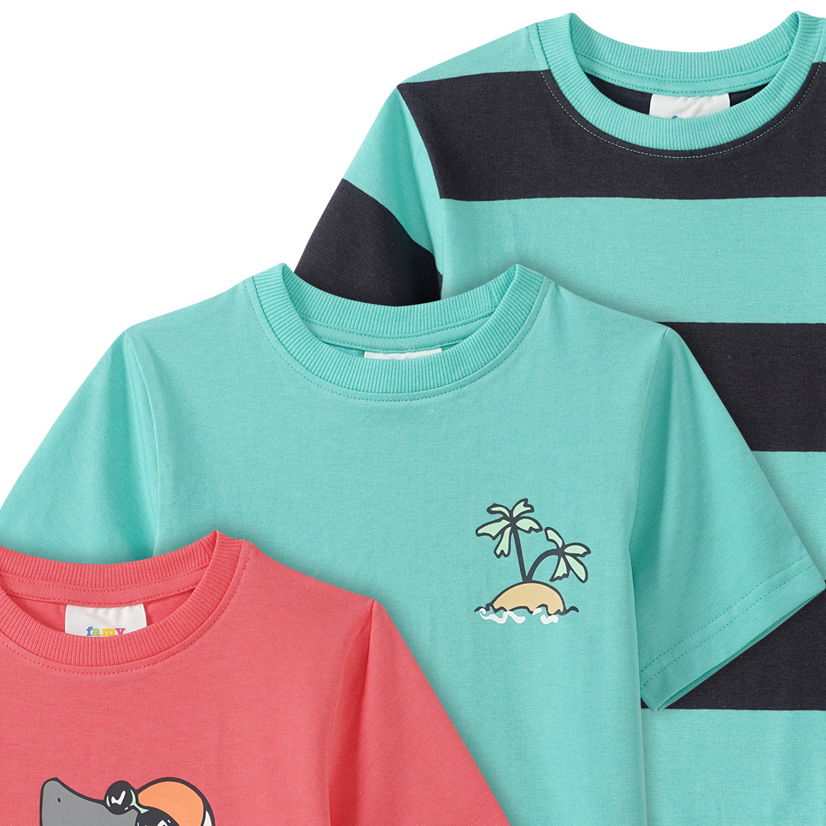 Famy 3 Jungen T-Shirts in verschiedenen Dessins hellrot / helltürkis / dunkelgrau