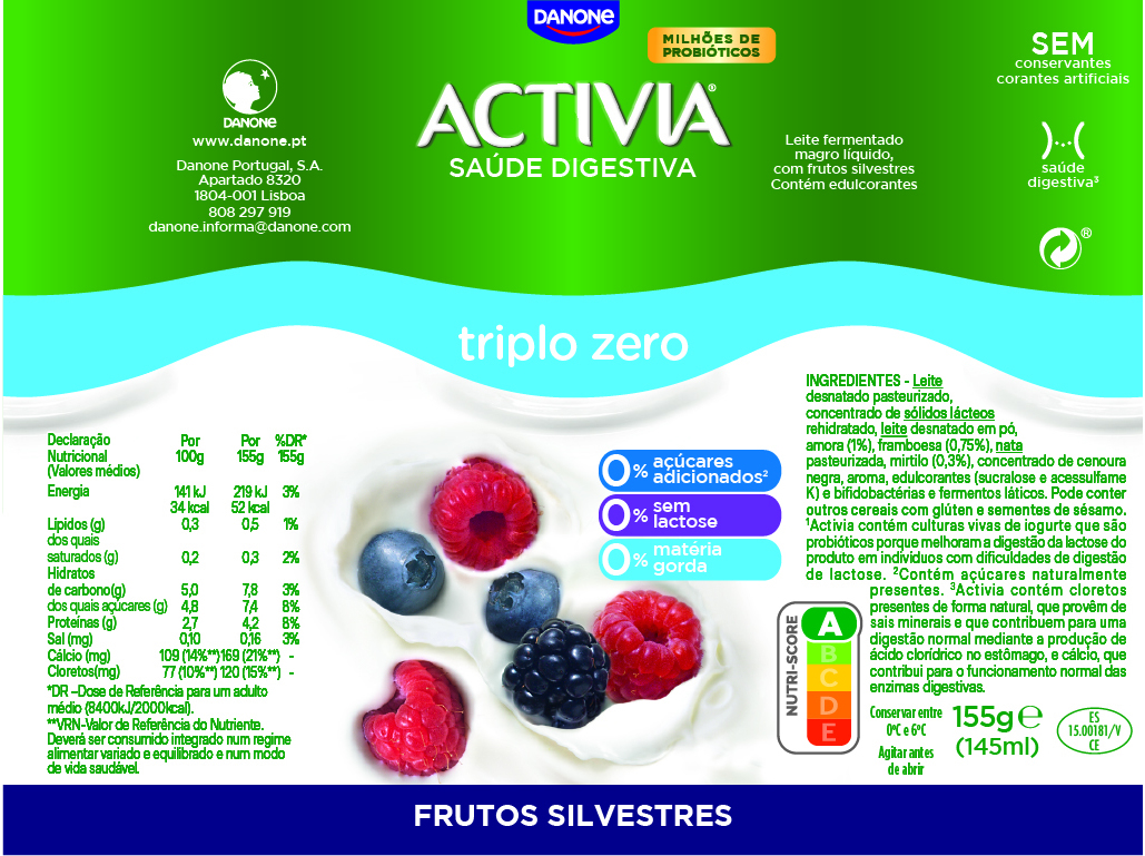 BIFIDUS DANONE ACTIVIA LÍQUIDO FRUTOS SILVESTRES 0% 4X155G