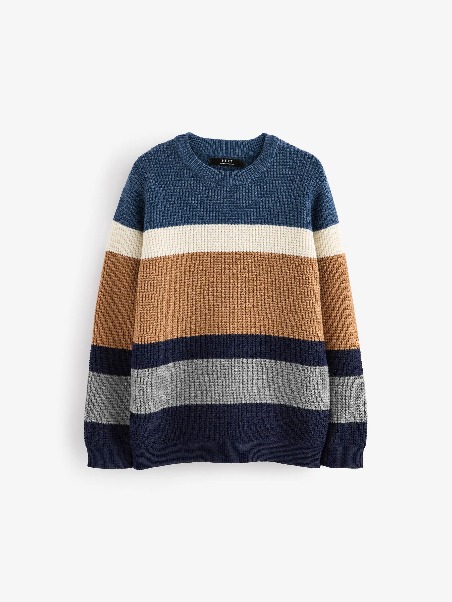 Blauw/naturel gestreept - Gebreide trui met ronde hals (3mnd -16jr)