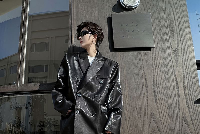 Patow - Set: Peak Lapel Plain Glossy Double-Breasted Blazer + Mid Rise Wide Leg Dress Pants
