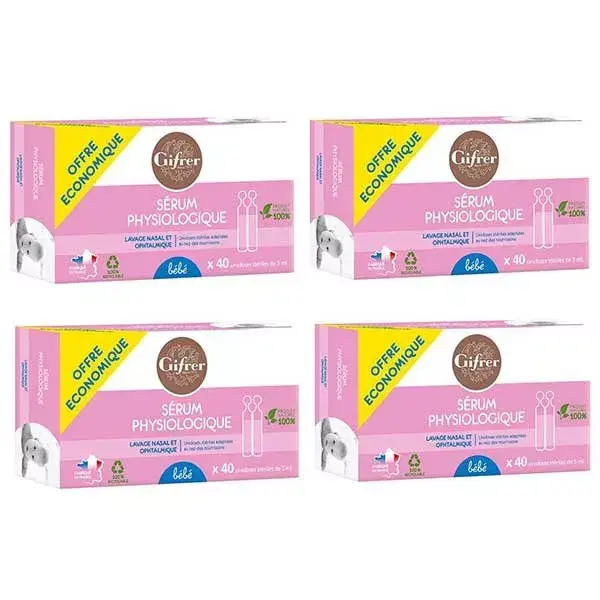 Soro Fisiológico Gifrer 5ml, embalagem com 4 frascos de 40 doses únicas cada.