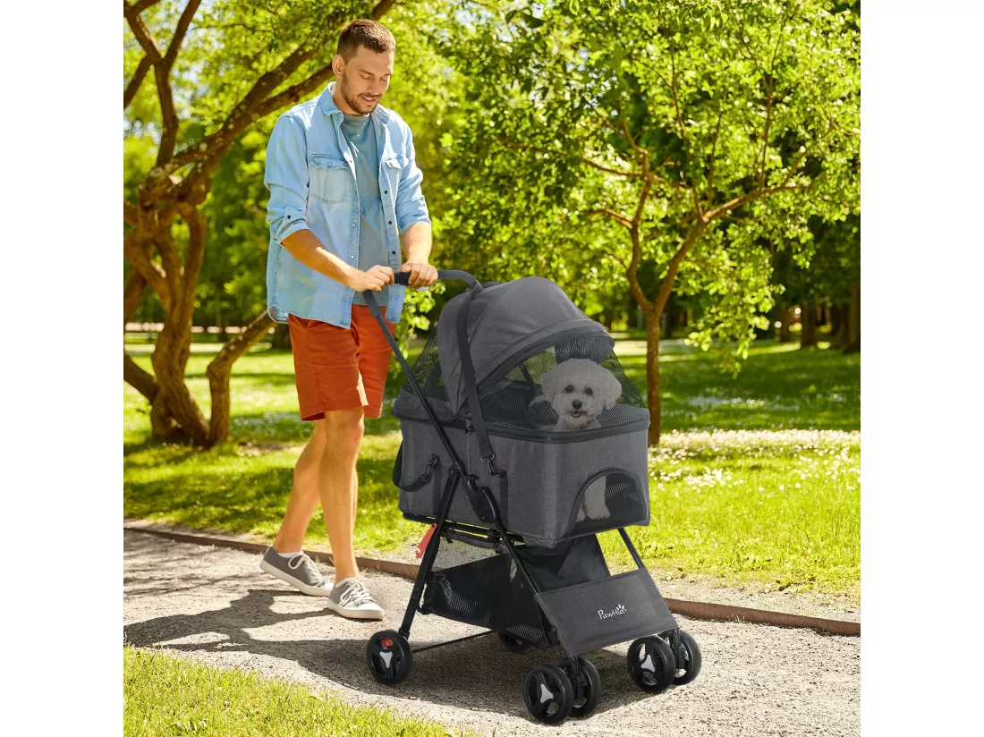 Poussette pour chien 3 en 1 - poussette buggy, panier de transport, panier voiture - acier noir Oxford gris