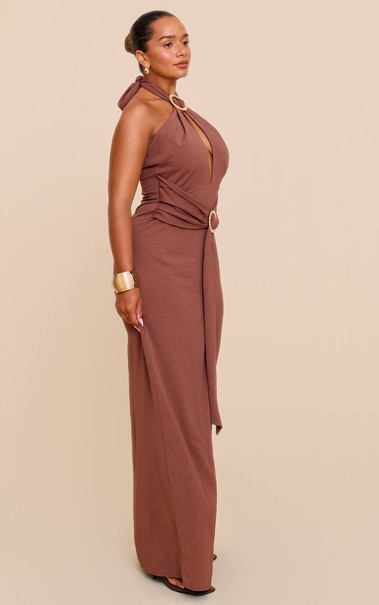 Chocolat Robe Longue Dos-nu En Satin Martelé Avec Anneau Décoratif Shape