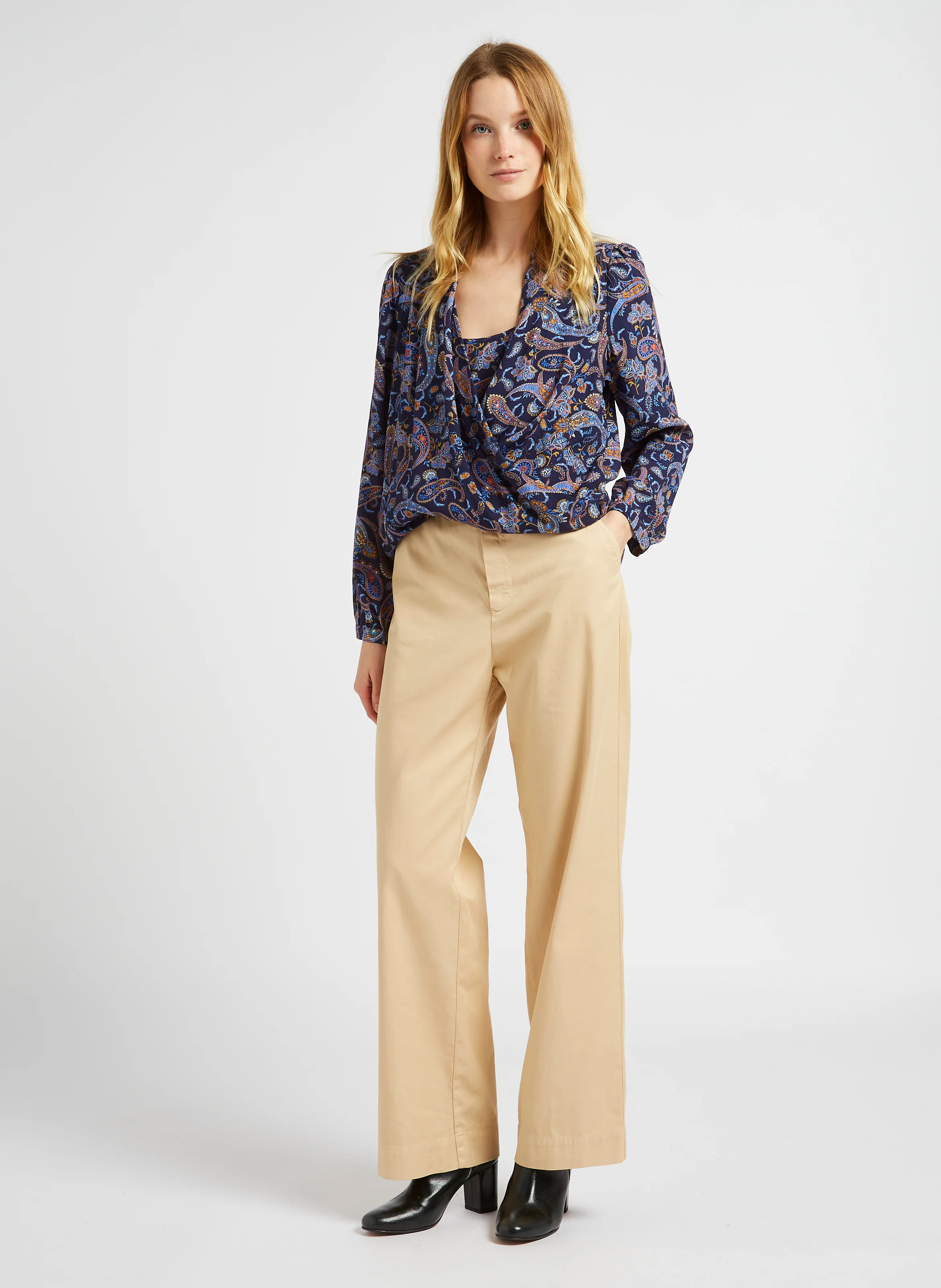 PACEY - Pantalon droit en popeline de coton mélangé| Marron