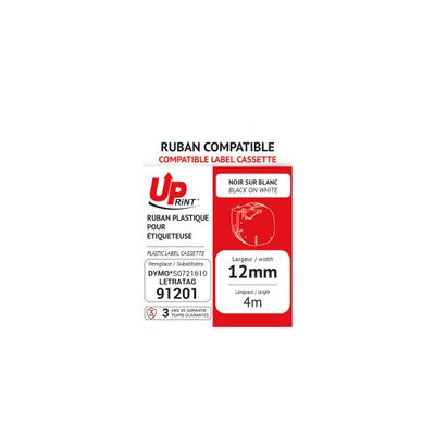 UPrint - Ruban d'étiquettes auto-adhésives pour Dymo 91201 - 1 rouleau (12 mm x 4 m) - fond blanc écriture noire