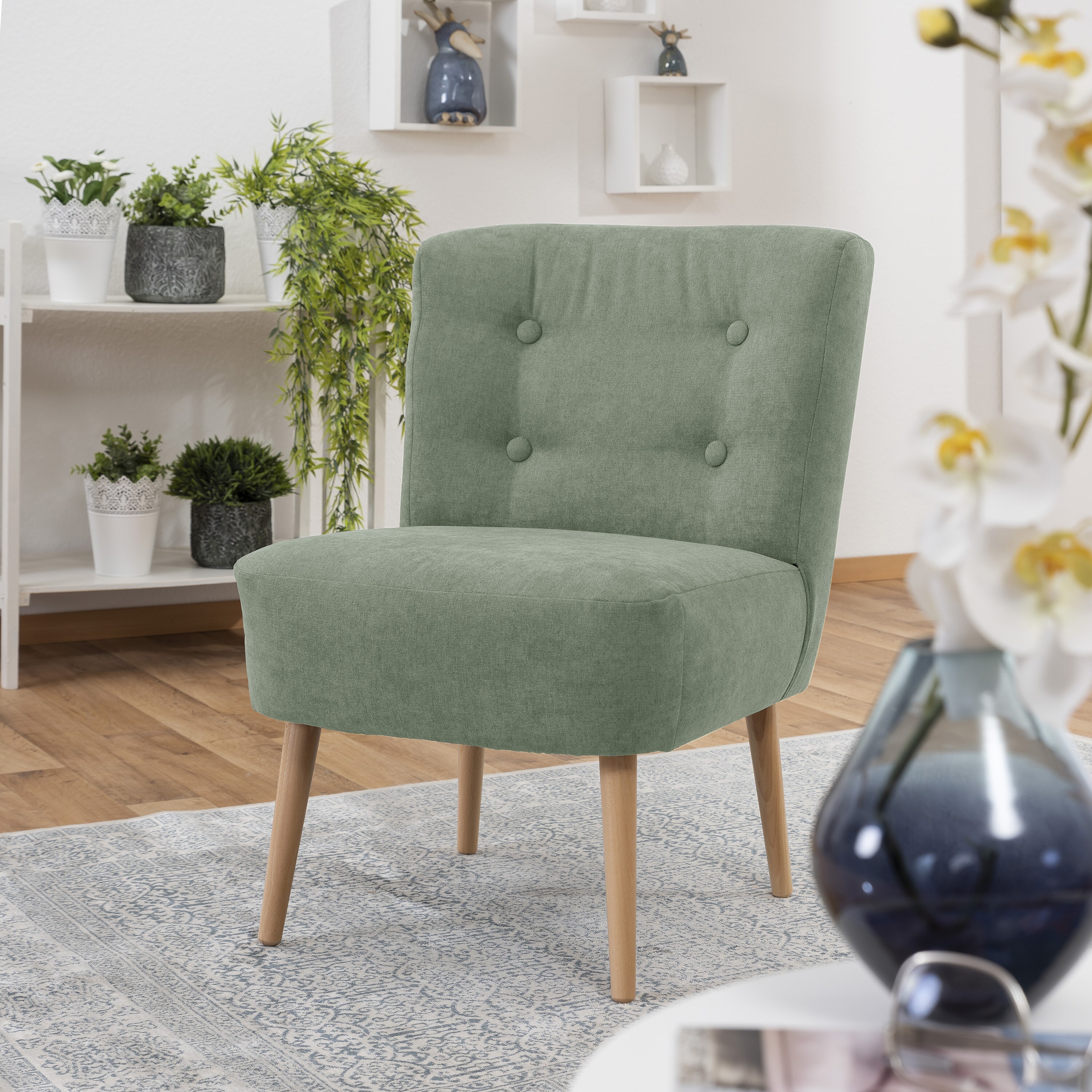 lovingHome® Sessel Fiola Velours hellgrün Polstersessel Stuhl Relaxsessel Füße Buche natur mittlere Sitzhärte