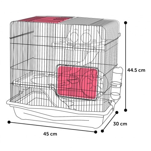 Gaiola em forma de flamingo com casinha cinza para roedores.