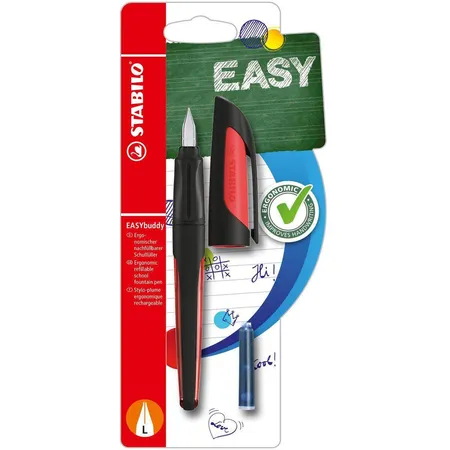 Schulfüller mit Linkshänder-Feder L - STABILO EASYbuddy in schwarz/rot - Schreibfarbe blau (löschbar) - Einzelstift - inklusive Patrone
