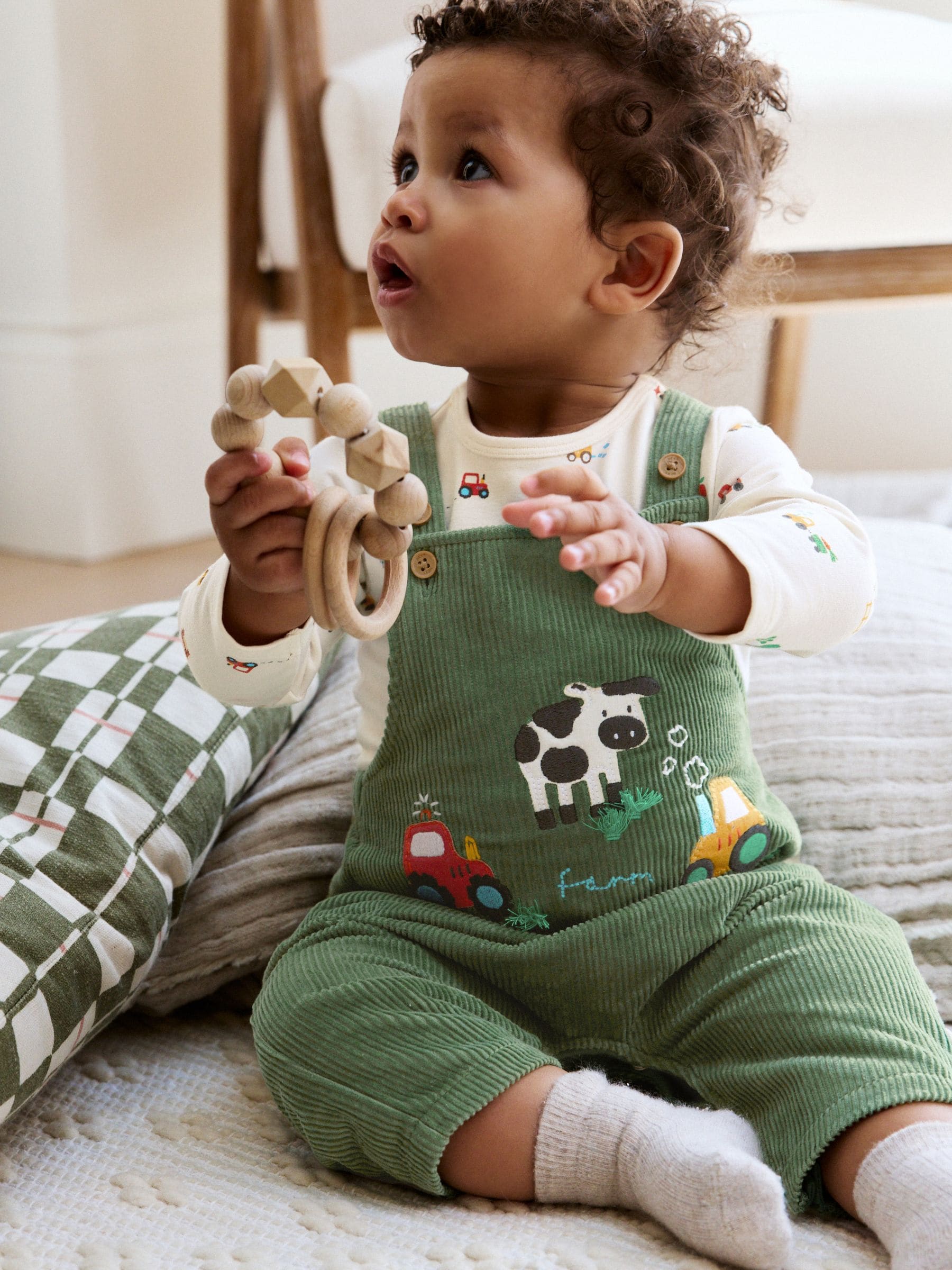 Groen met boerderijprint - Babyset van tuinbroek en rompertje (0mnd-2jr)