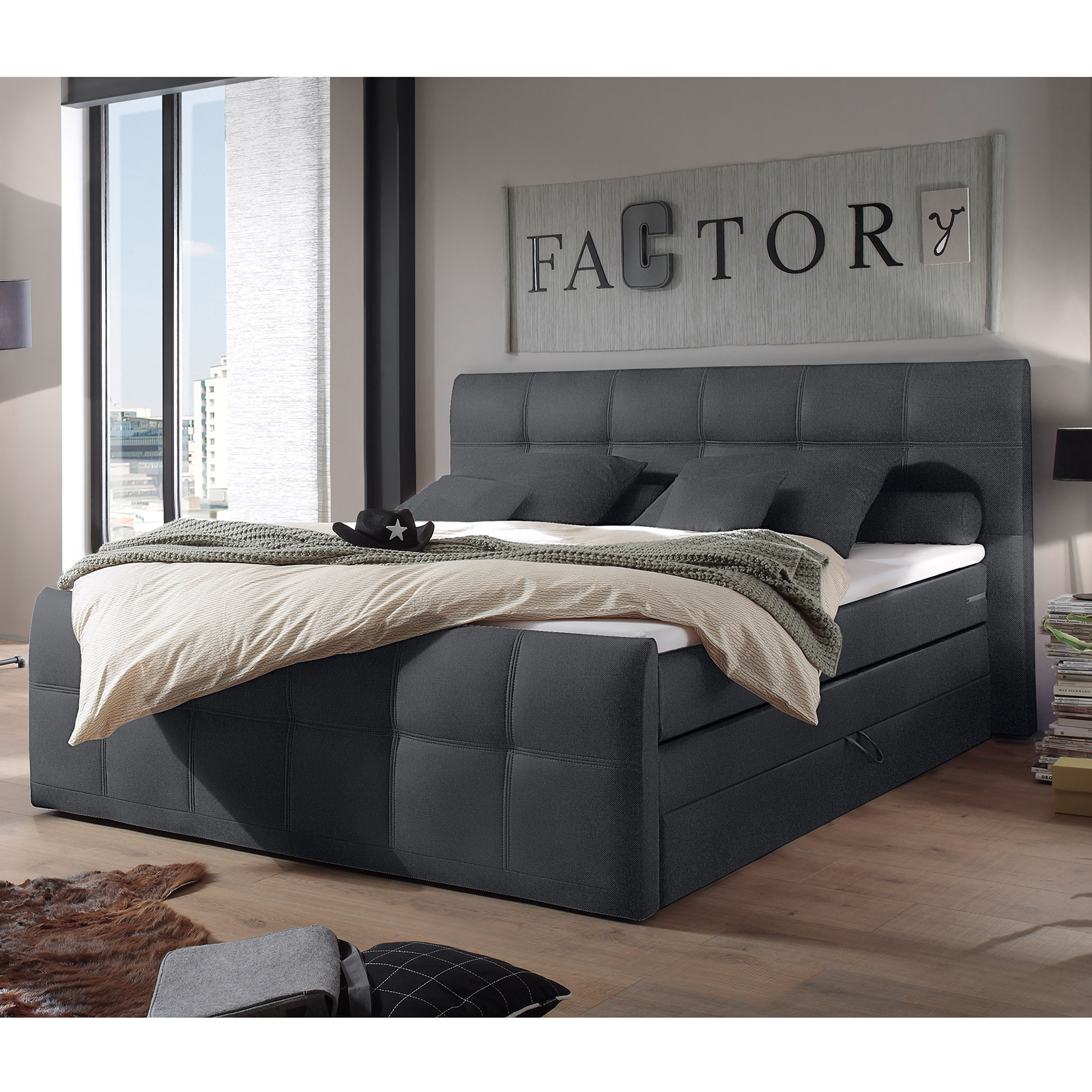Boxspringbett - anthrazit - Taschenfederkern - H2 - 180x200 cm