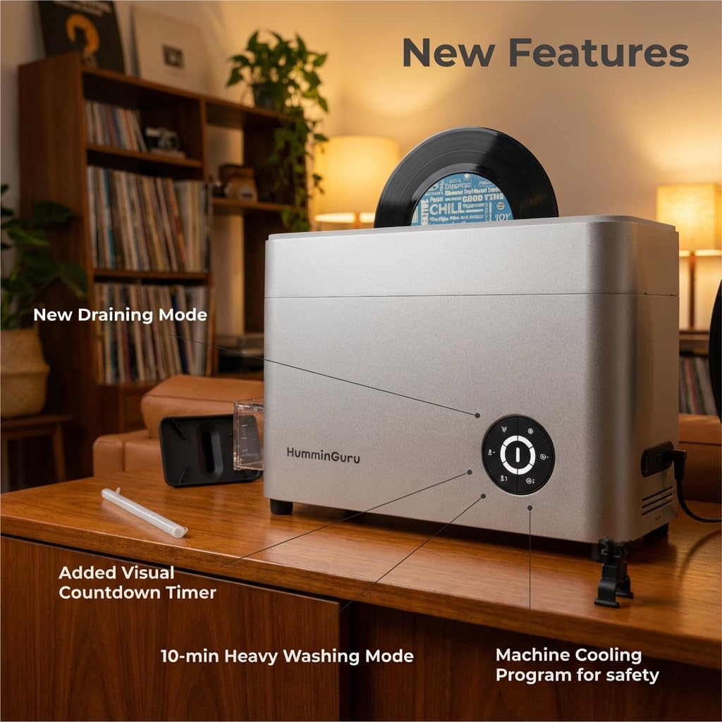 HumminGuru Ultraschall-Schallplattenreiniger – 40-kHz-Ultraschall-Schallplatten-Reinigungsgerät mit Automatischer Trocknung, Schallplatten Reinigungsset mit Wasserfilter(NOVA White Sand, 7/10/12 Zoll)
