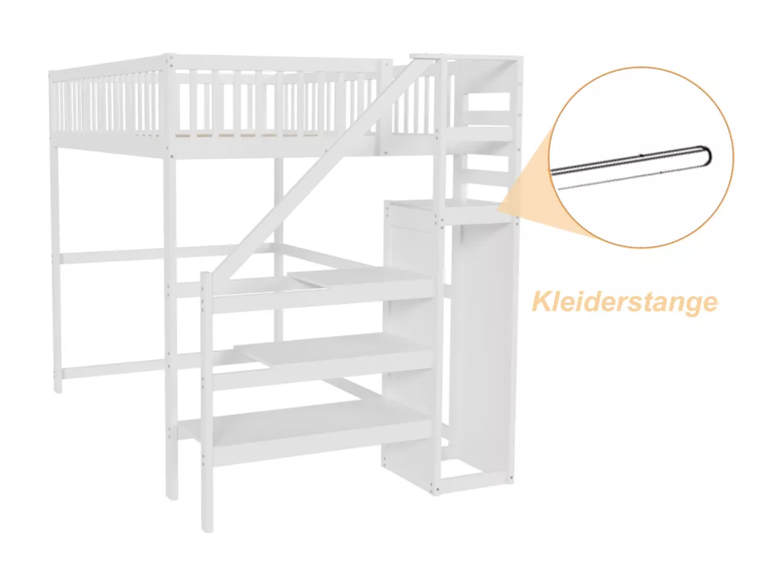 Lit mezzanine 140x200cm - lit enfant avec escalier avec armoir, sommier à lattes, antichute - blanc