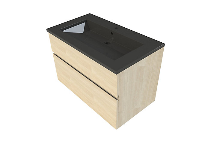 Meuble sous vasque à suspendre Calao aspect chêne naturel 90 cm + plan vasque en résine noir
