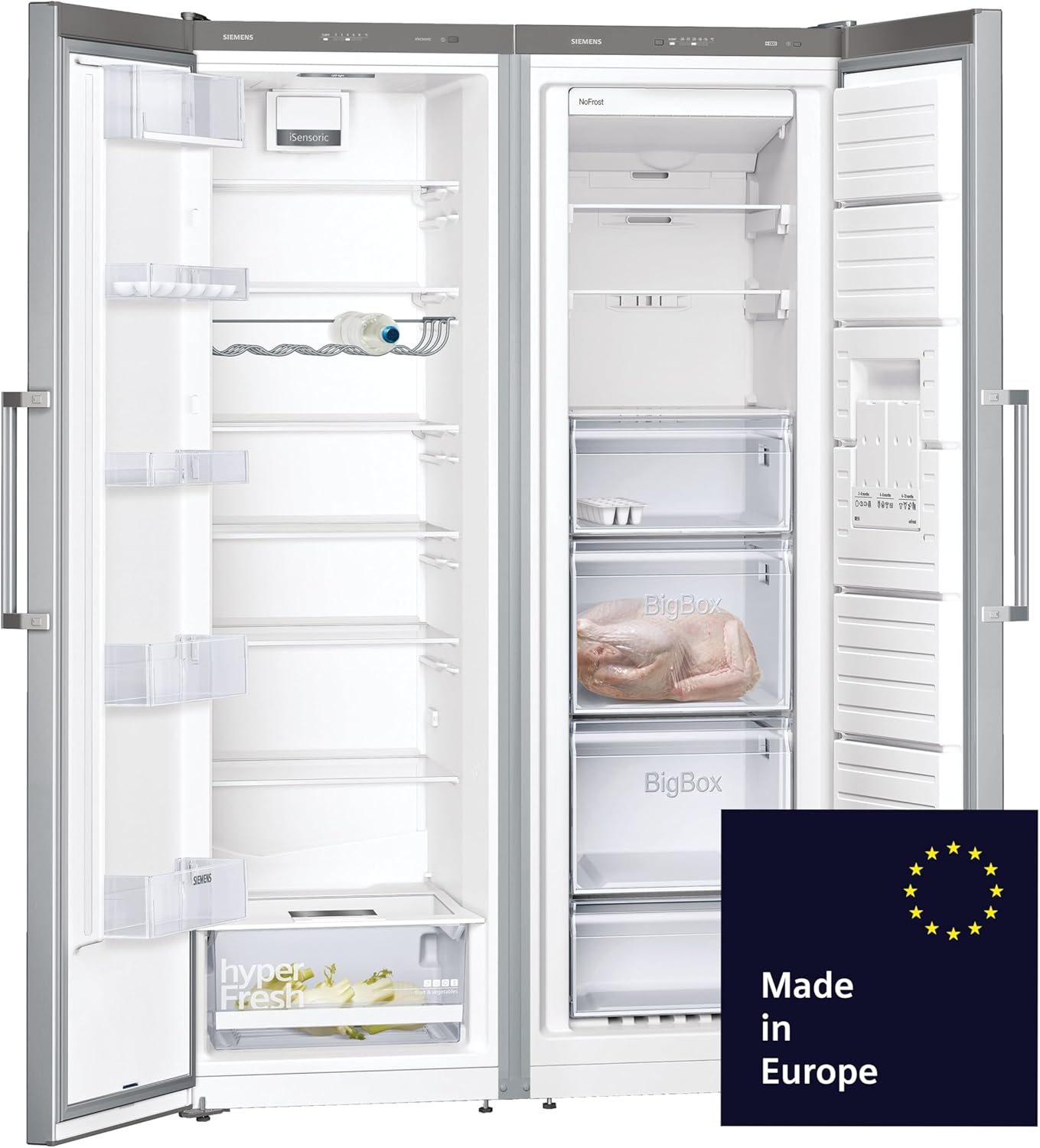 Siemens, KA95NVIEP, iQ300, Set Eintür-Kühlschrank und Eintür-Gefrierschrank, Europäischer Side by Side, hyperFresh Schublade, safetyGlas-Ablagen, noFrost, Gebürsteter Stahl mit antiFingerprint