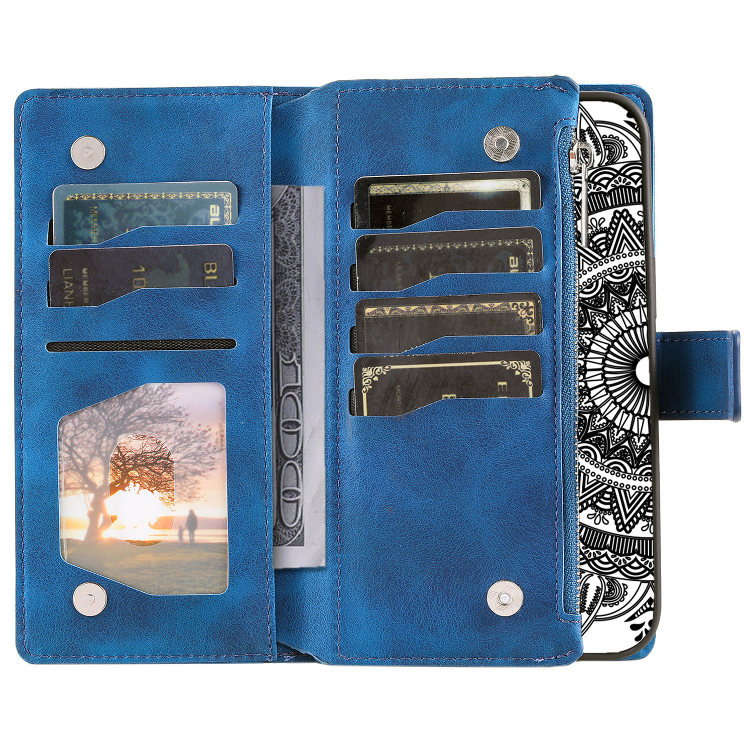 Samsung Galaxy S24 FE Leder Tasche Flip Cover mit Reissverschluss - Mandala Flowers Imprint - Blau